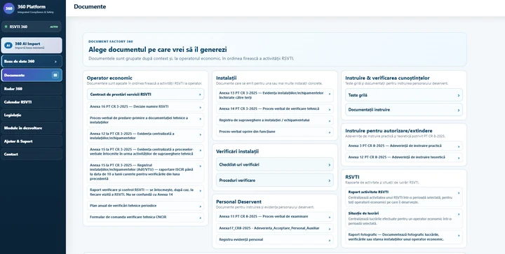 Zona Documente din aplicația RSVTI 360, cu documente grupate pe context
